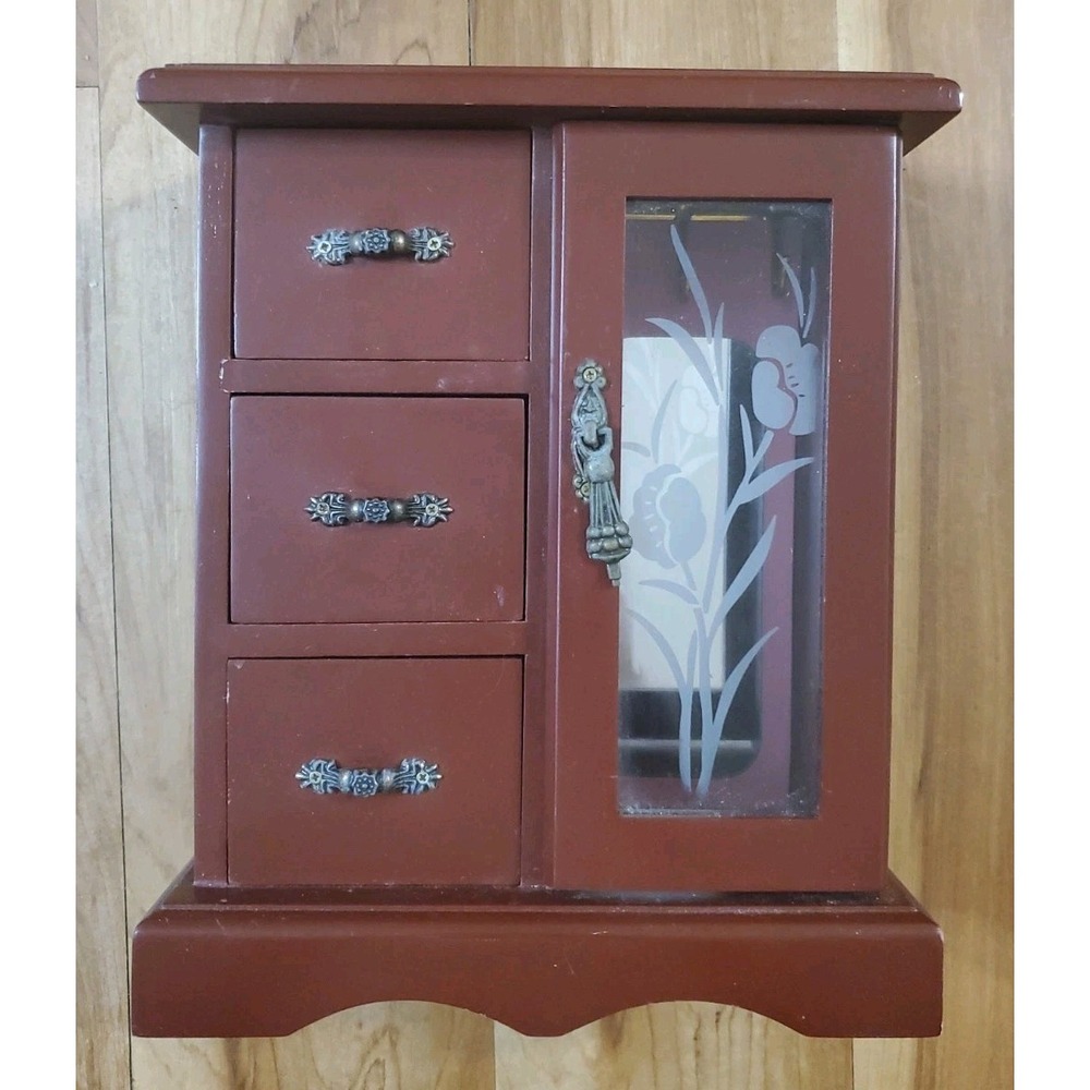 Wooden Jewelry Box Armoire Glass Door Painted Flowers 3 Drawers Vintage